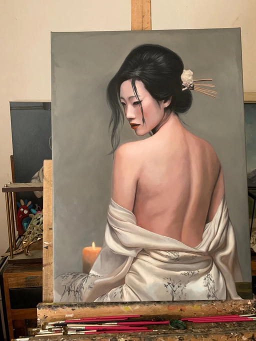 Dipinto a olio originale ‘Geisha de marfil’ – Geisha con la schiena scoperta