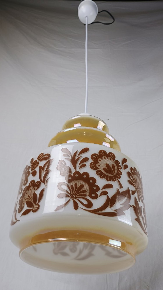 Image 1 of Hanglamp Venini Wit Gerookt Glas Bloemen Mid Century Murano