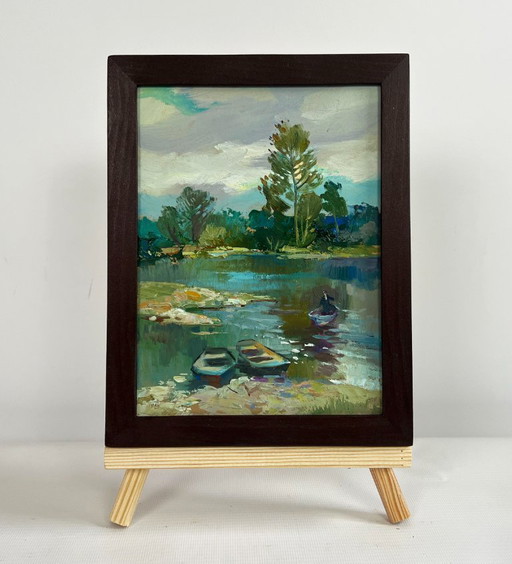 Original Oil Painting Summer River Landscape River in the forest thicket