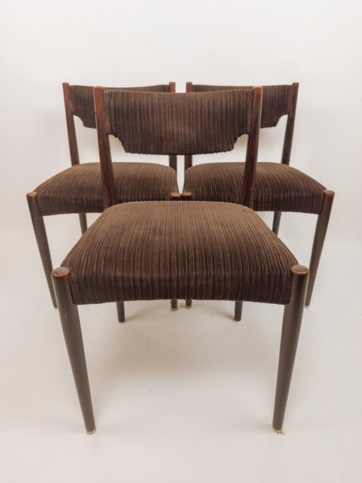 3x Vintage teakhouten eetkamerstoelen met bruine bekleding