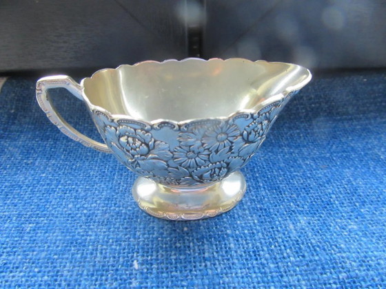 Image 1 of Silver plated Set of milk jug / creamer & sugar bowl, signed TK, vintage