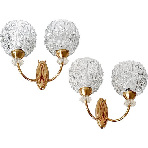 Pair of vintage gilt brass and glass wall lamps, 1950