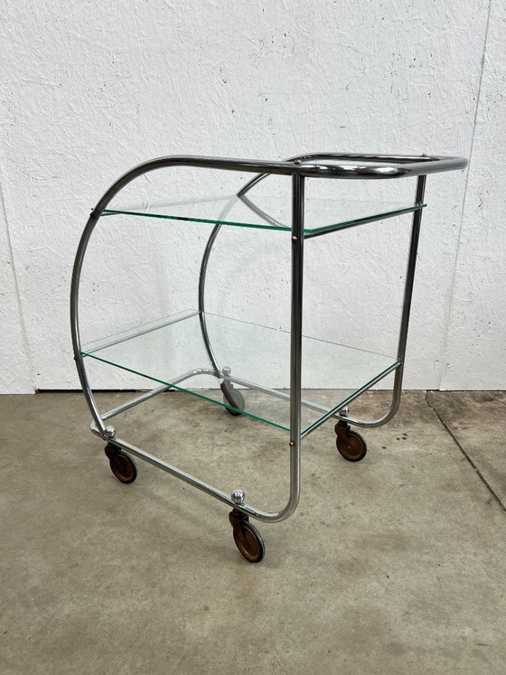 Image 1 of Vintage Chrome Art Deco Trolley with Glass Shelves, Netherlands 1930s