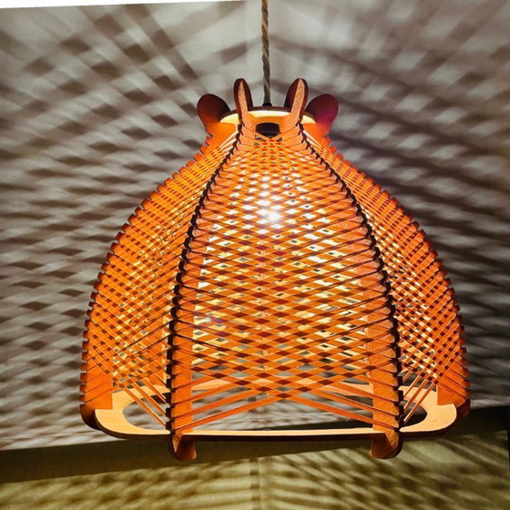 Image 1 of Large rustic style Portuguese wood and rattan hanging lamp, 1960s