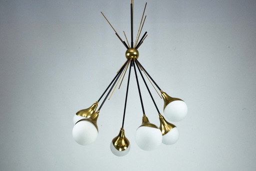 Mid-Century Italian 6-Arm Stilnovo Brass and opaline Glass Chandelier, 1950s