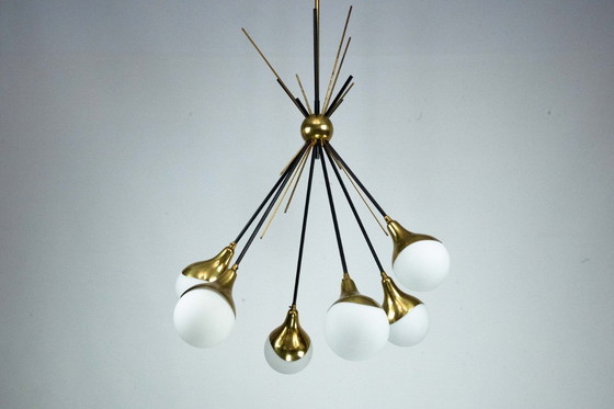 Image 1 of Mid-Century Italian 6-Arm Stilnovo Brass and opaline Glass Chandelier, 1950s