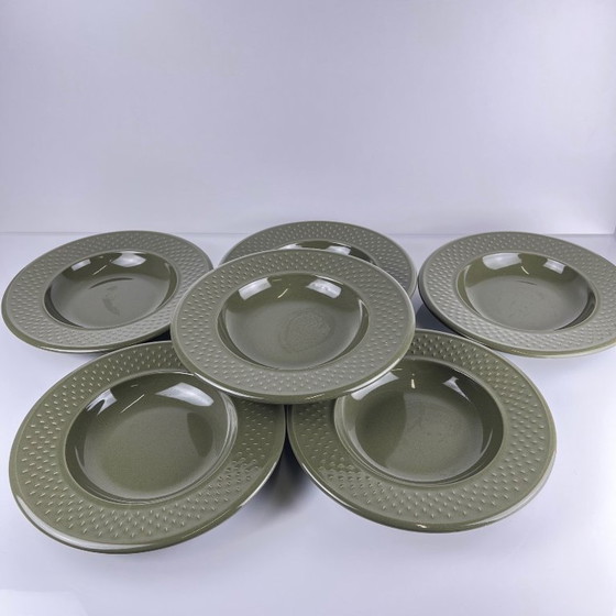Image 1 of Set of 6 Genevieve Lethu soup plates, "Grain de riz" model, green