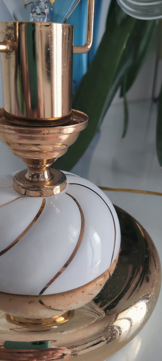 Image 1 of Vintage Hollywood Regency Table Lamps, Set of 2, Wavy Ribbed Opaline Glass, White and Gold Retro Bedside Lighting