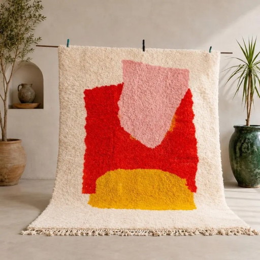 Red Pink Yellow Moroccan Rug | Abstract Beni Ourain Carpet | Handmade Berber Wool Decor | Plush Contemporary Area Rug