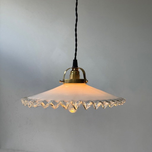 Vintage Opaline Glass Pendant Light with Scalloped Edges, 25 cm