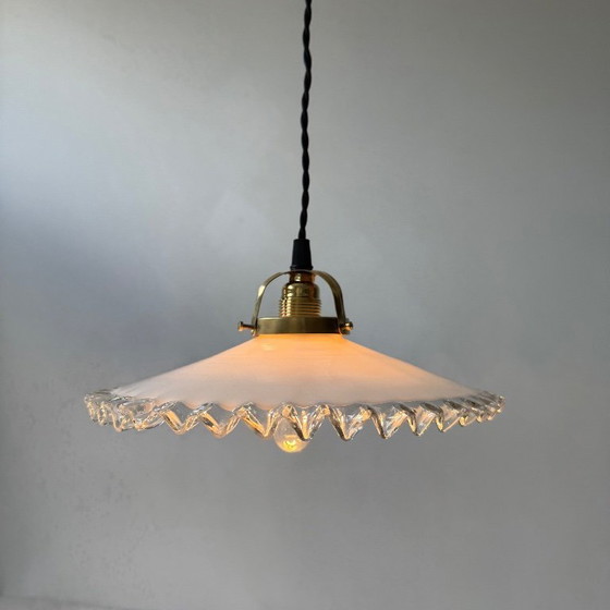 Image 1 of Vintage Opaline Glass Pendant Light with Scalloped Edges, 25 cm