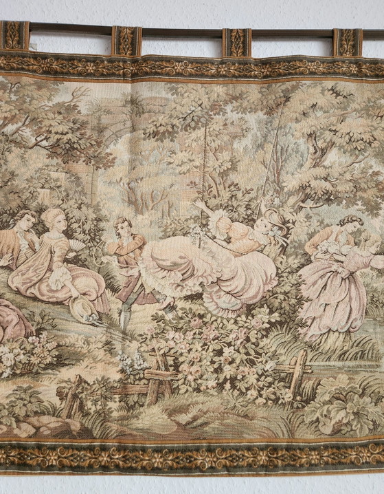 Frans wandtapijt in de stijl van Aubusson/Vlaanderen. Galante scène in een tuinlandschap, "Fêtes galantes", (photo 4 of 14)