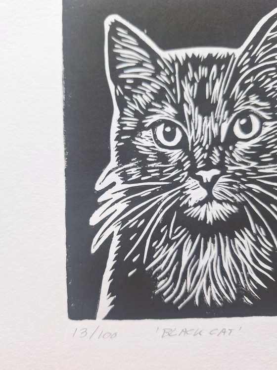 Linogravure 'Black cat' – M. Jasperse, Objets d'art, Papier (photo 4 of 6)