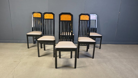 Image 1 of Chaises de salle à manger vintage en loupe de bois et laque, années 1980