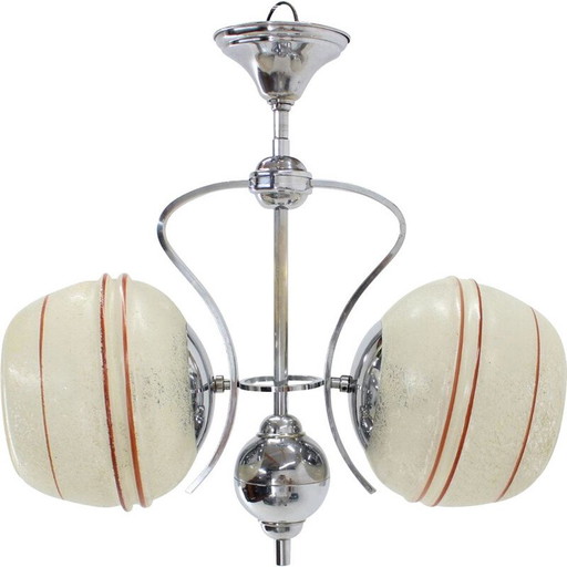 Vintage art deco chrome glass chandelier, Czechoslovakia 1930