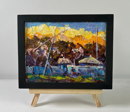 Original Oil Painting Autumn Village Landscape Shadows of еvening