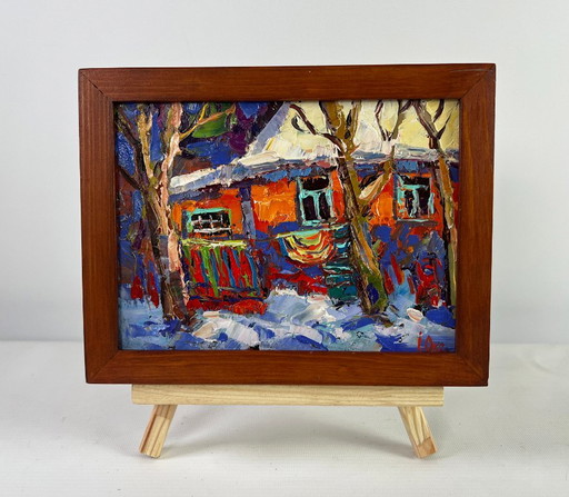 Original Oil Painting Frosty House Landscape The quiet beauty of a winter morning