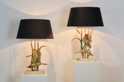 Skulpturale Travertin- und vergoldete Metall-Wildenten-Tischlampen von Lanciotto Galeotti, signiert