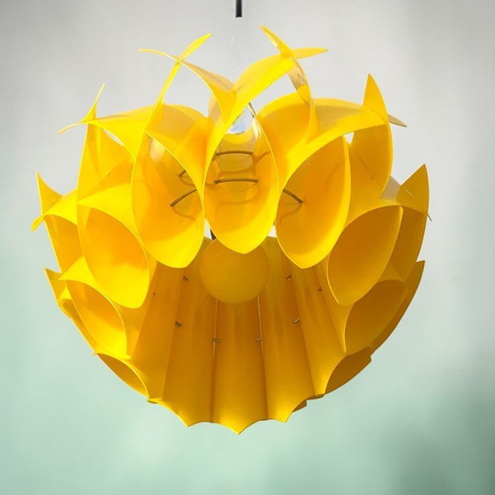 Image 1 of Portuguese Mid Century Modern yellow acrylic layered geometrical origami hanging lamp 1970s