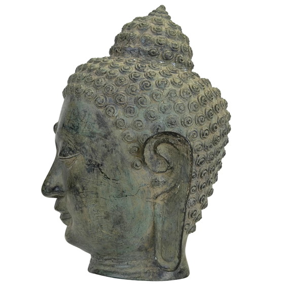 Patinated Bronze Buddha Head in U Thong Style – Thai Art 27 cm – Sculpture (photo 7 of 10)