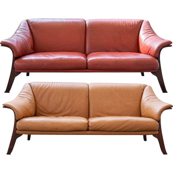 Image 1 of Pair of vintage Frau cognac and burgundy leather sofas, 1980s-1990s