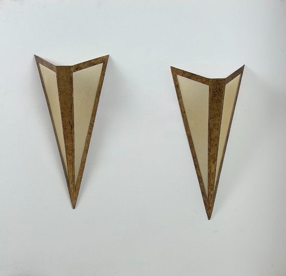 Image 1 of Paire d'appliques XL en métal doré et parchemin, France, 1970