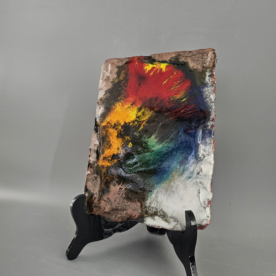 Image 1 of Vintage West-Duitse Fat Lava Muurplaquette Gemaakt Door Vulkan Keramik / Ostara Fliesen. Kleuren: Rood, Oranje, Blauw en Groen.