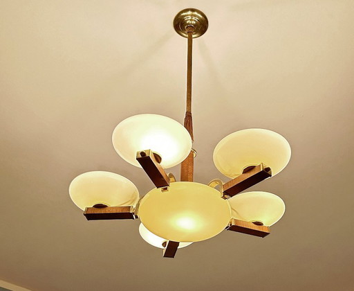 Very Large Art Deco Glass Wood Pendant Light