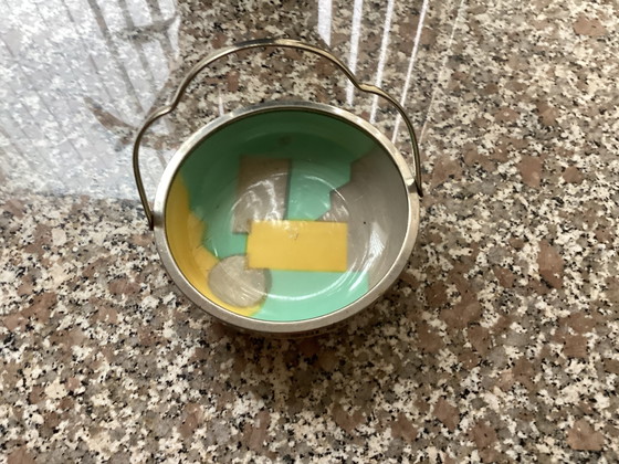 Image 1 of Ciotola Art Deco in ceramica con manico mobile in metallo vintage