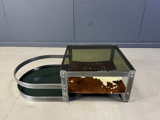 Tavolino da caffè in acciaio e cuoio di Willy Rizzo, anni '70