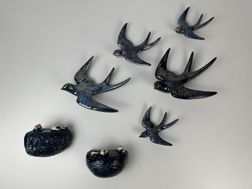 5x Hirondelles de muraille originales du milieu du XXe siècle et leurs nids (2x) - Allemagne de l'Ouest