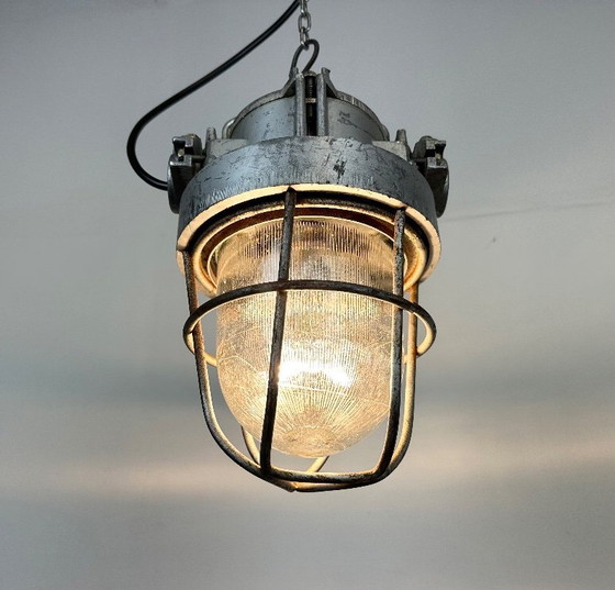 Image 1 of Industrial Soviet Cast Aluminium Bunker Pendant Light with Iron Grid, 1960s