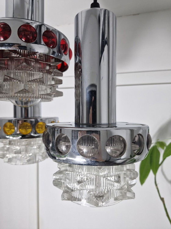 Pendant lamp with four light points, chrome, textured glass and colored accents, Space Age, Ceiling lights (photo 8 of 15)