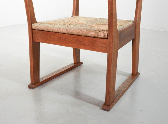 Image 1 of Very Rare Single Bas van Pelt Brutalist Oak Armchair with Woven Rush Seat for My Home. The Netherlands, 1940s.
