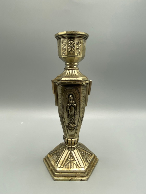 Antieke verzilverde kaarsenhouder met afbeelding van de Wonderbaarlijke Maagd Maria – Religieuze kunst (photo 3 of 7)