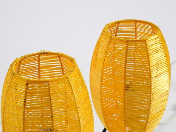 Image 1 of Two beautiful Mid Century modern tripod raffia table lamps