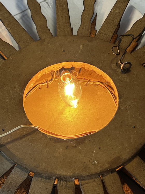 Image 1 of Espejo de sol de madera de doble cara con espejo convexo y lámpara, años 60. Montado en la pared.