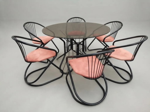 Gastone Rinaldi Eetkamerset 7-delig / Italiaanse Draadstoelenset / Rima Design / Rookglazen Tafel / Iconisch Jaren 70 Decor