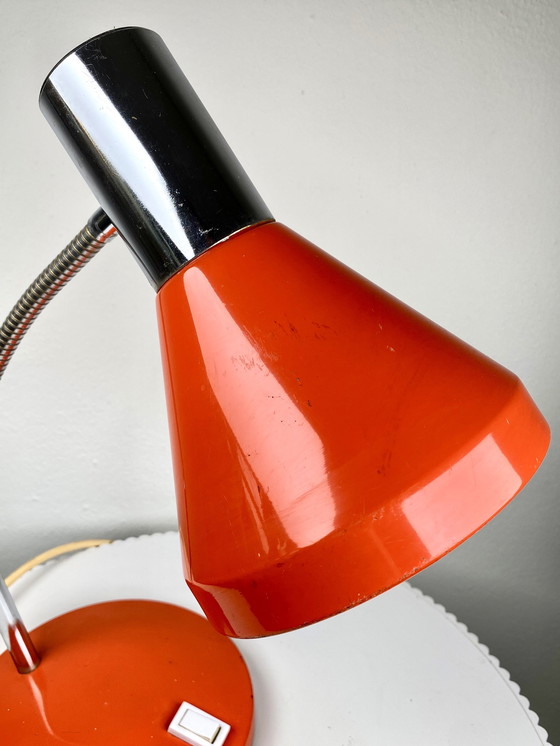 Image 1 of Vintage Orange Desk Lamp 1970s Design - Small Retro Tabletop Gooseneck Lamp