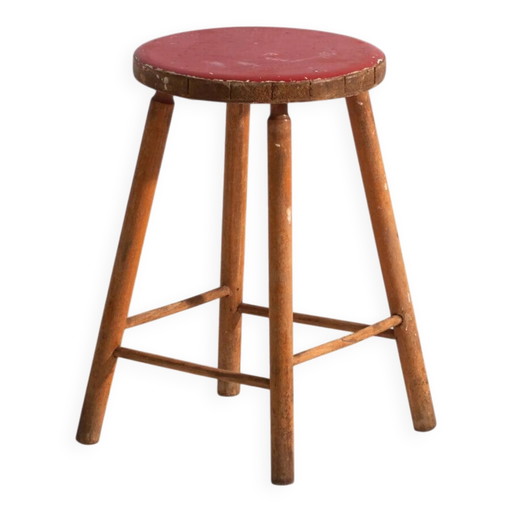Antieke houten kruk met ronde zitting – Centraal-Europa, circa 1950 – krukjes, Wood, Rustic