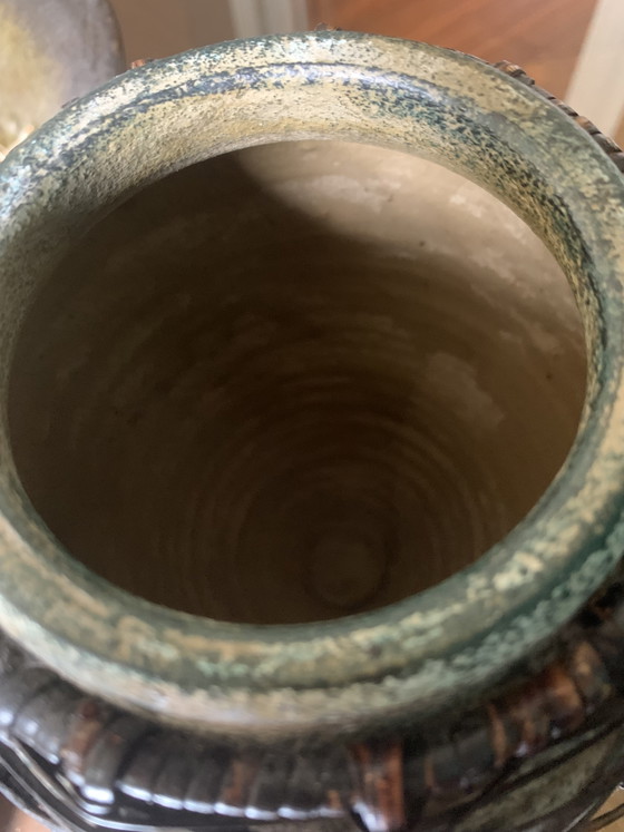Vaso giapponese antico/vintage in gres e bambù intrecciato (Kago) — Stile Wabi-Sabi/Mingei – Vasi, Ceramic (photo 7 of 11)