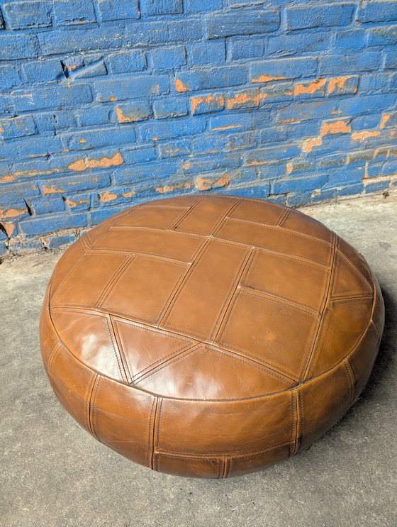 Image 1 of Vintage leather pouf, geometric design, 1970s