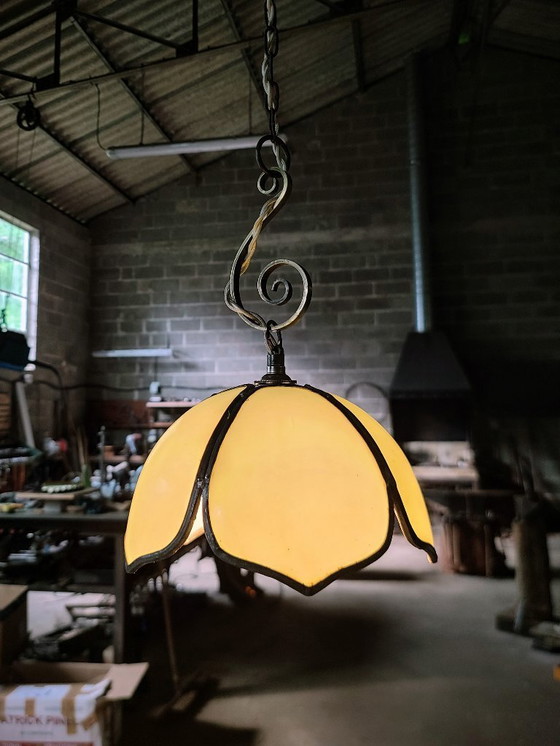 Image 1 of Lampada a sospensione floreale blu/verde in pâte de verre art nouveau