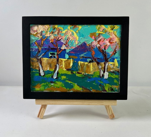 Original Oil Painting Colorful Village Landscape Spring аwakening