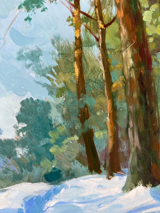 Image 1 of Peinture à l'huile originale Paysage d'arbres enneigés Silence hivernal de la forêt