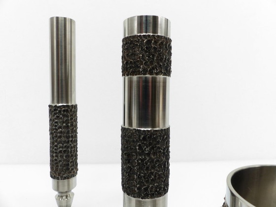 Image 1 of Set of 5 Brutalist steel vases and bowls 1970