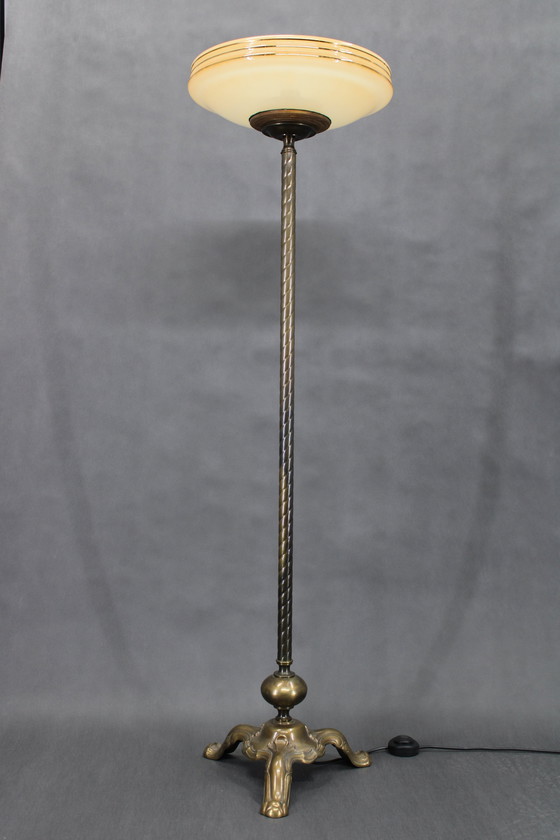 Image 1 of 1940S Restored Brass Floor Lamp With  Glass Shade