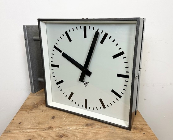 Image 1 of Large Industrial Square Double Sided Factory Wall Clock from Pragotron, 1970s