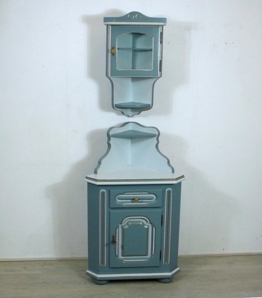 Old corner cupboard + hanging display cabinet set of 2 in sea foam blue country house