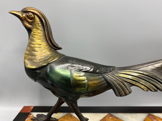 Image 1 of Grote Art Deco Fazant Beeld – Gepatineerd Spelter op Luxe Marmer – Franse 1930s Sculptuur – Wandeldecor / Verzamelobject 